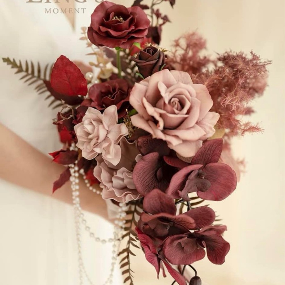 Lings moments rose and burgundy, cascading floral bridal bouquet. Like new!